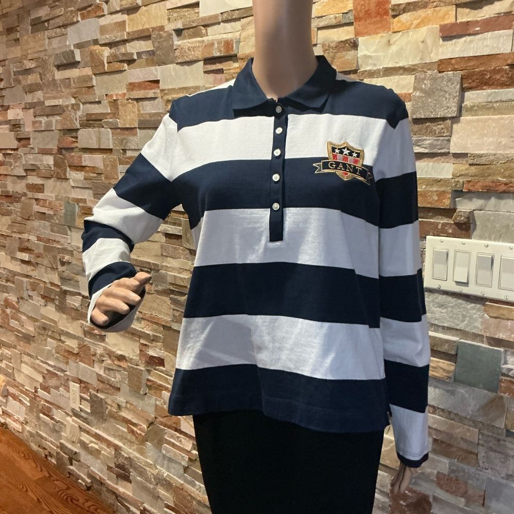 GANT Navy and White Striped Polo Shirt